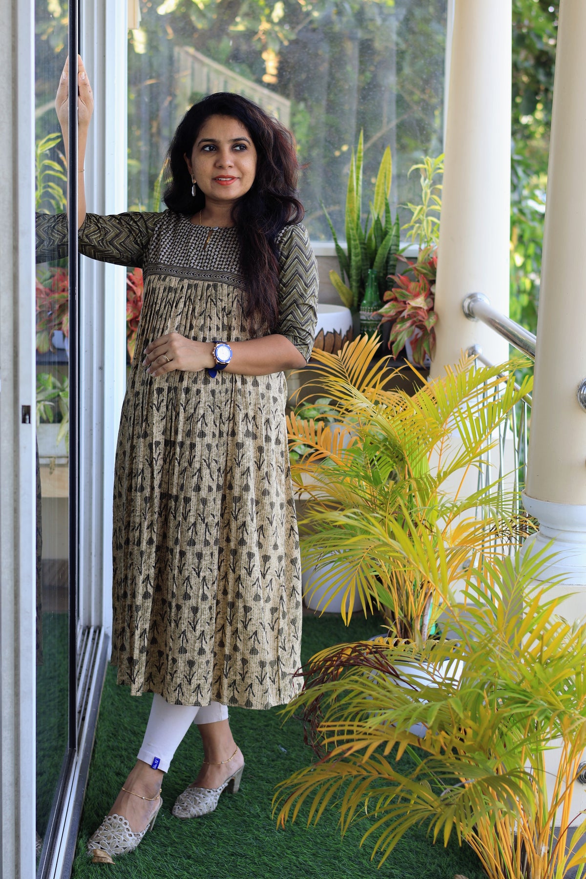 Earthy Elegance - Olive & Beige Cotton Printed Kurtha