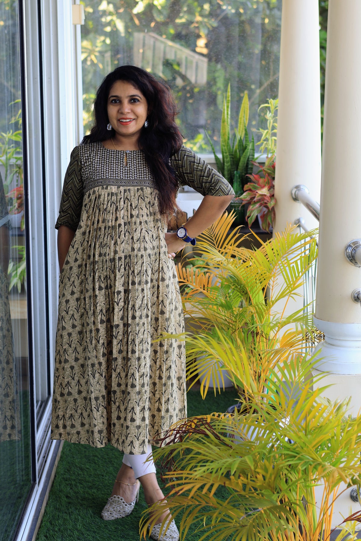 Earthy Elegance - Olive & Beige Cotton Printed Kurtha