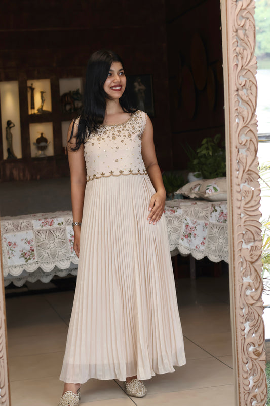 Ivory Pearl Embellished Pleated Gown