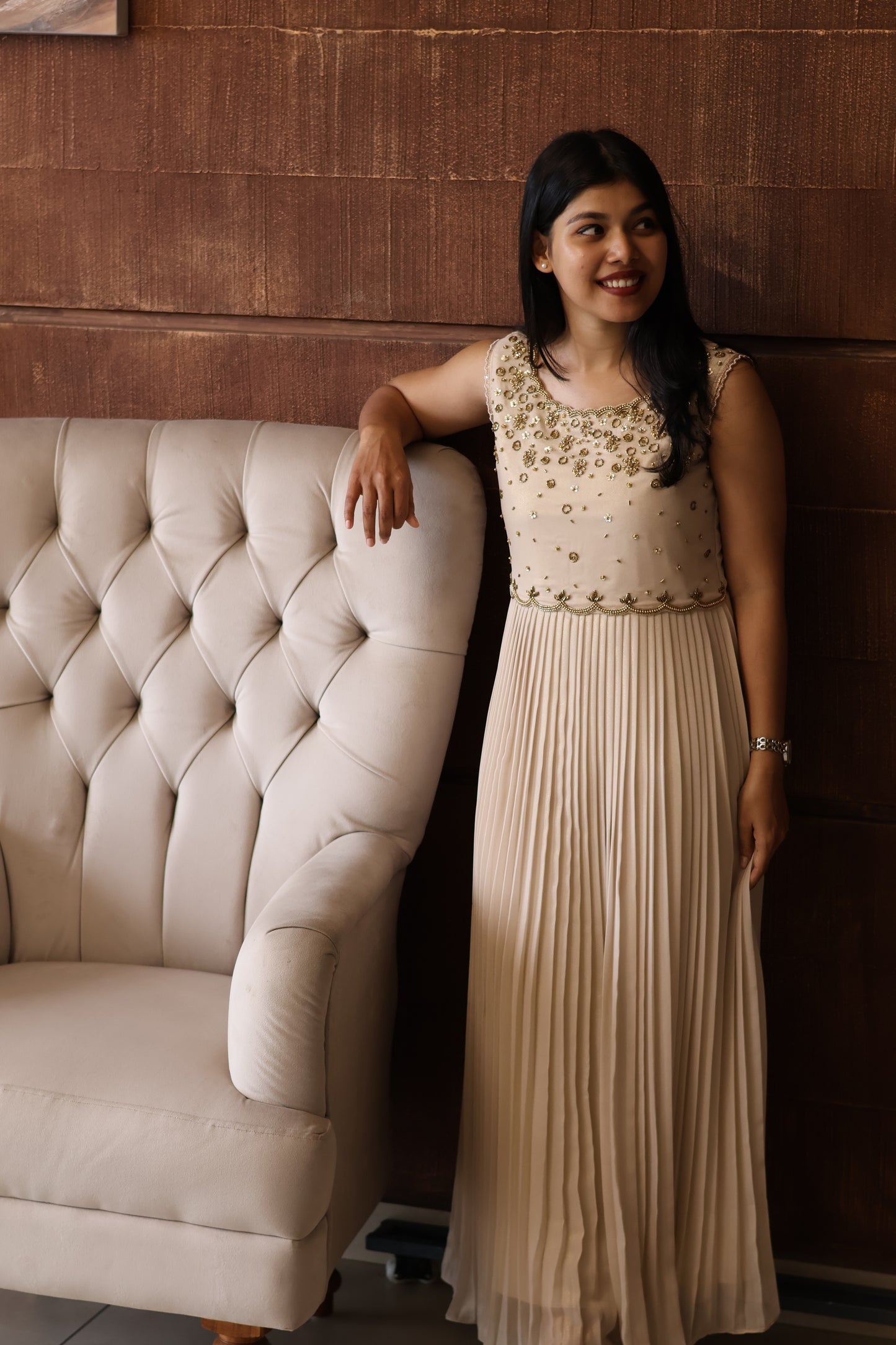 Ivory Pearl Embellished Pleated Gown