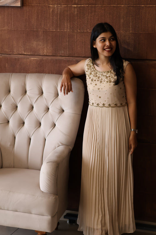 Ivory Pearl Embellished Pleated Gown