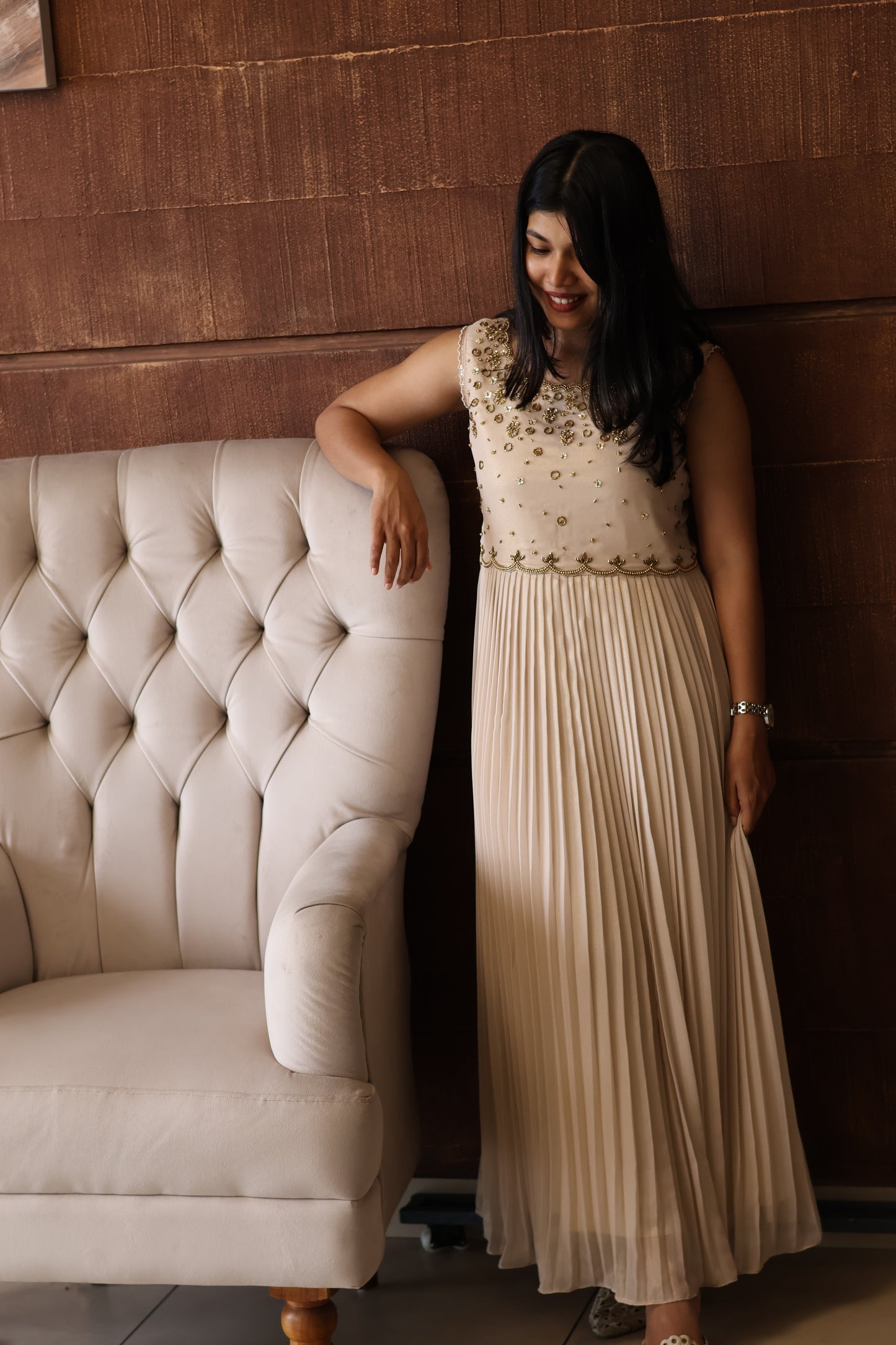 Ivory Pearl Embellished Pleated Gown