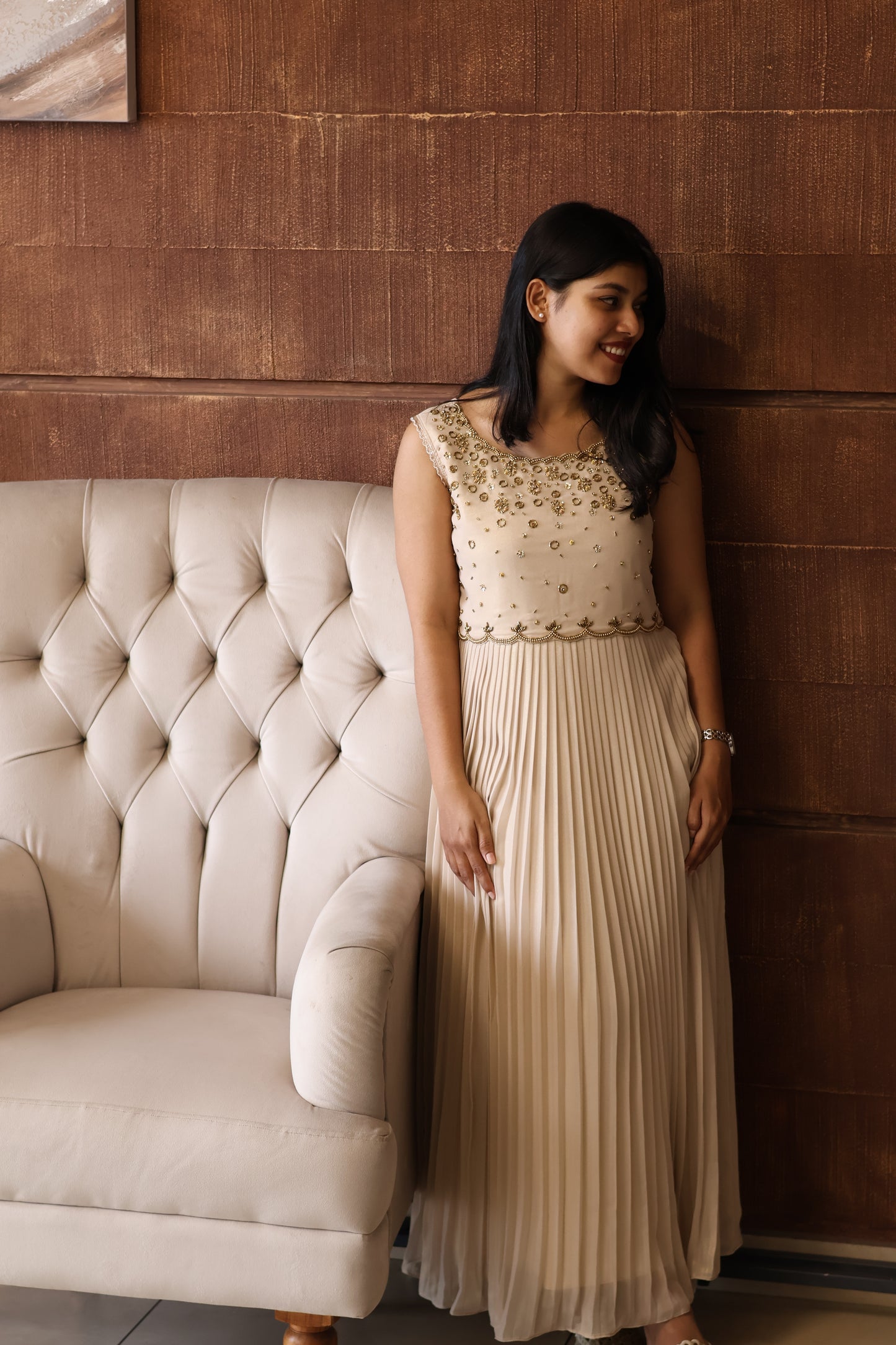 Ivory Pearl Embellished Pleated Gown