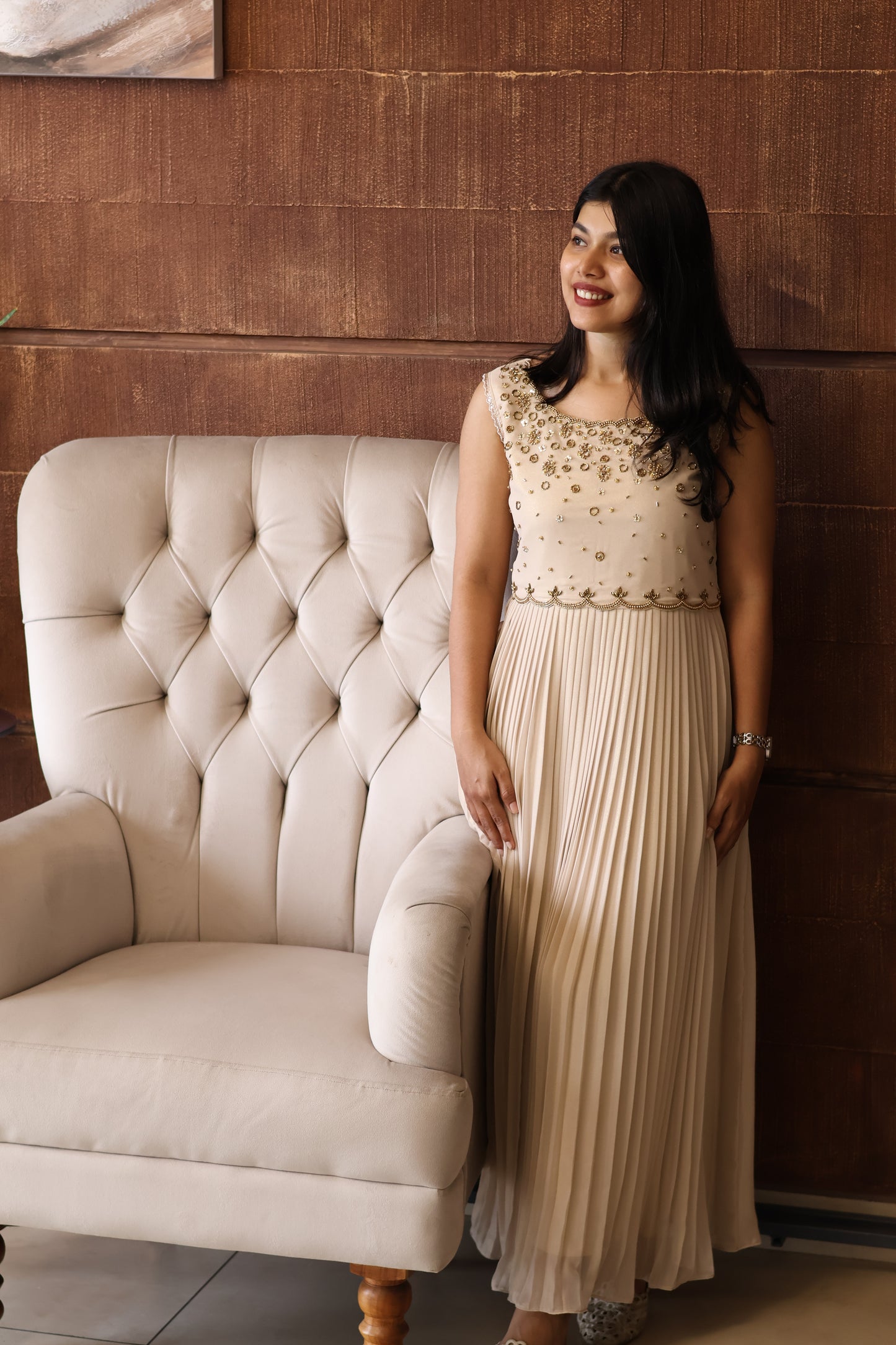 Ivory Pearl Embellished Pleated Gown