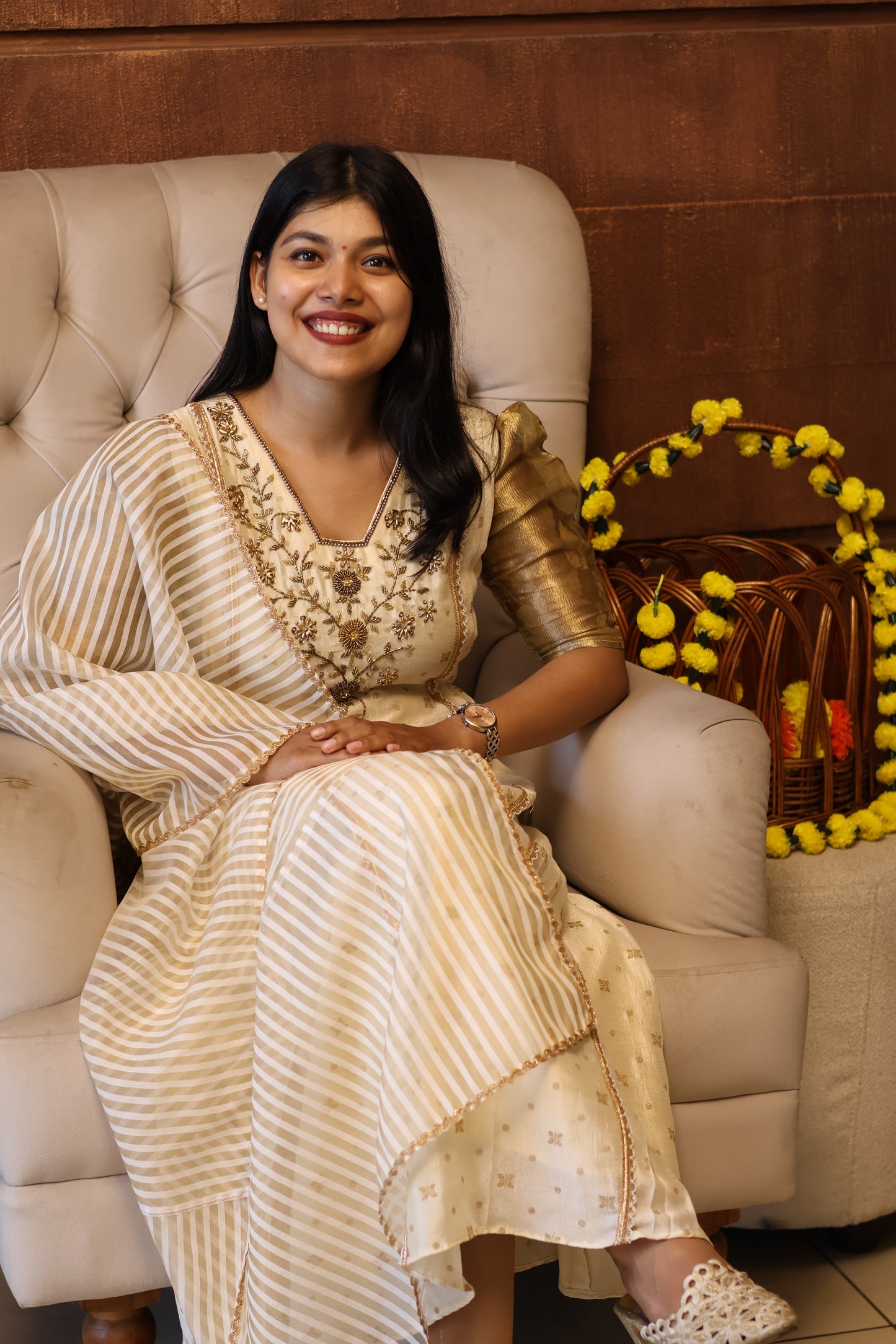 Golden Vine Ivory Anarkali