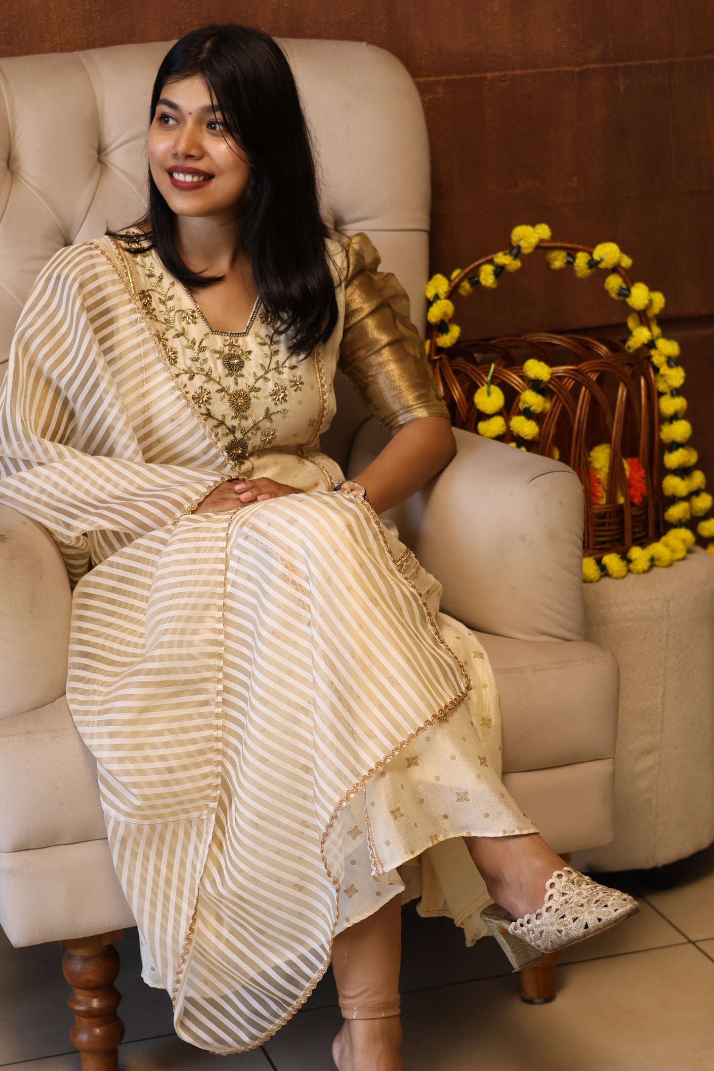 Golden Vine Ivory Anarkali