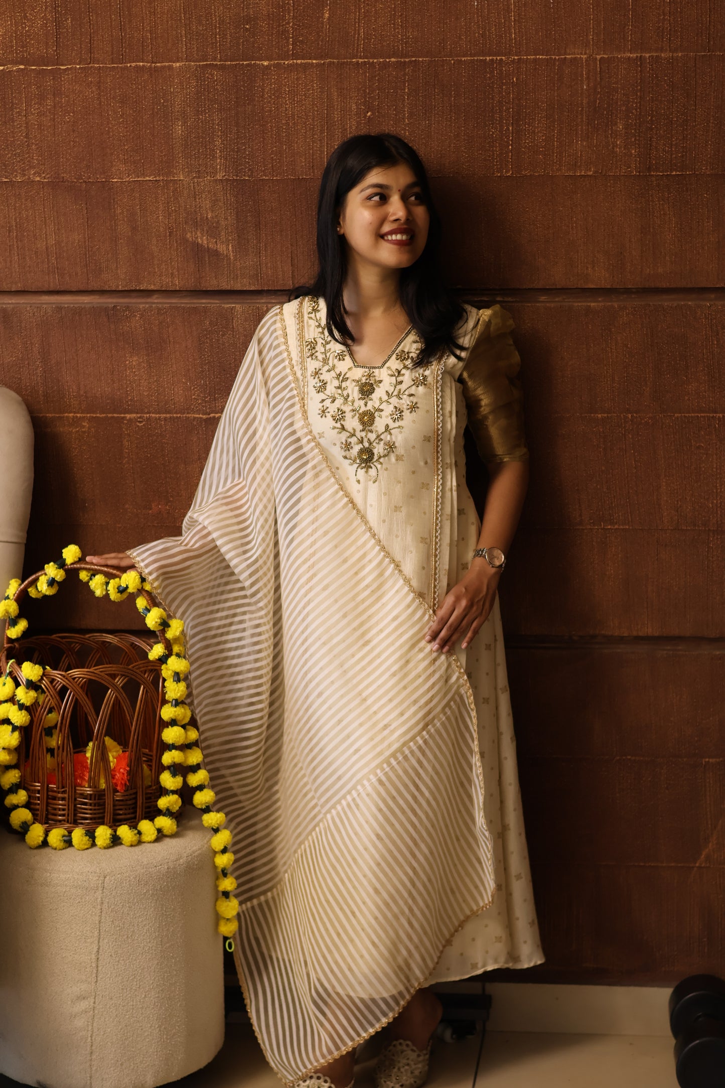 Golden Vine Ivory Anarkali