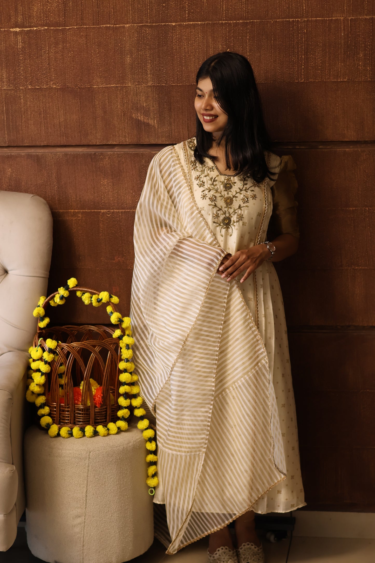 Golden Vine Ivory Anarkali