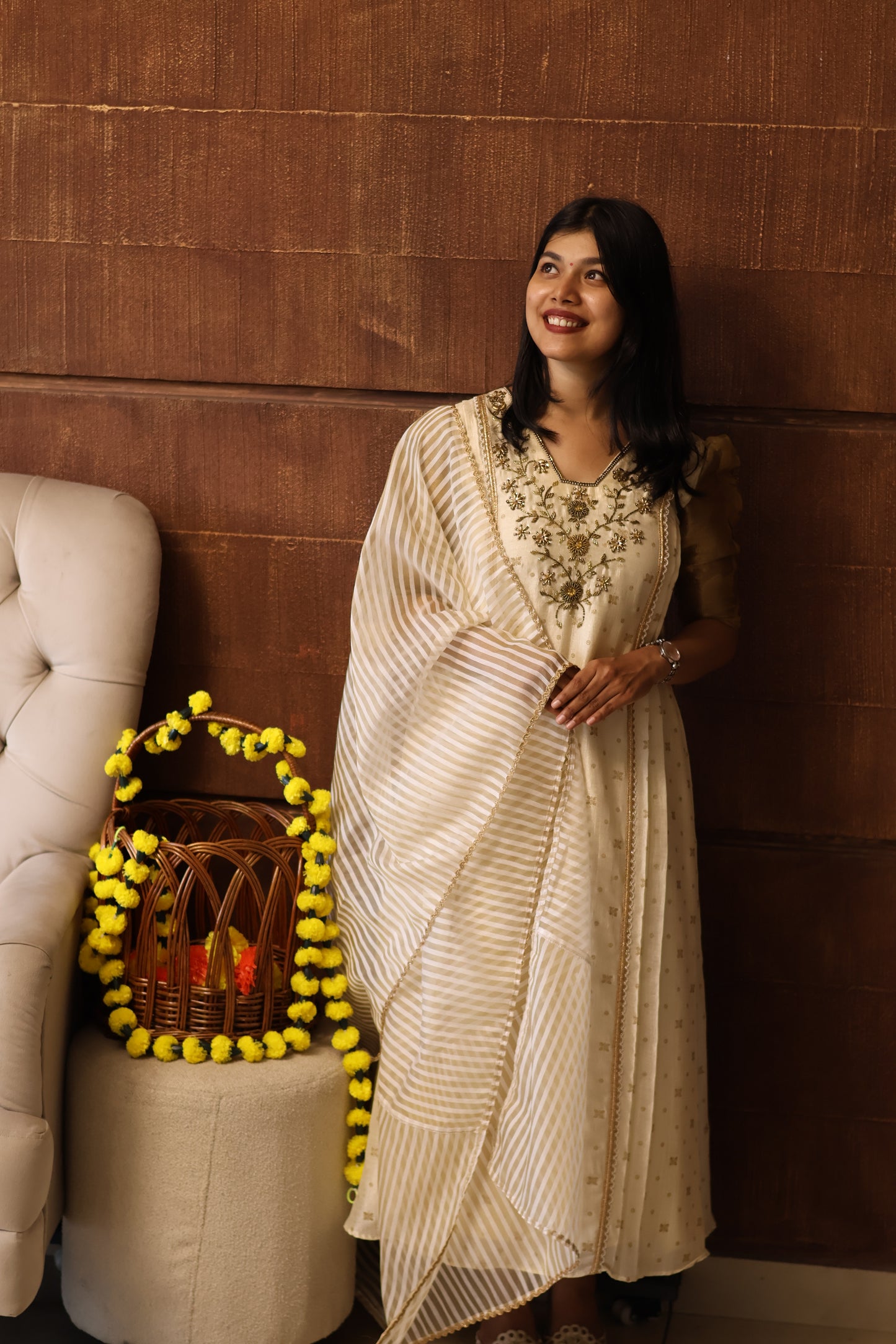 Golden Vine Ivory Anarkali