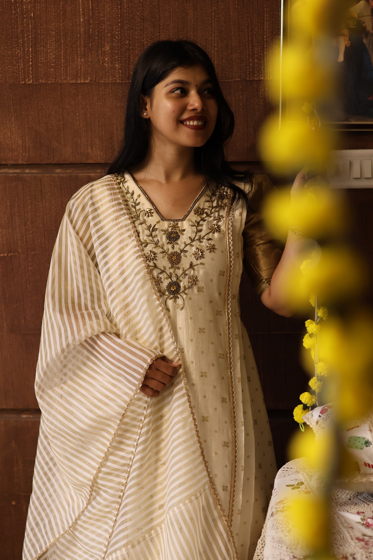 Golden Vine Ivory Anarkali